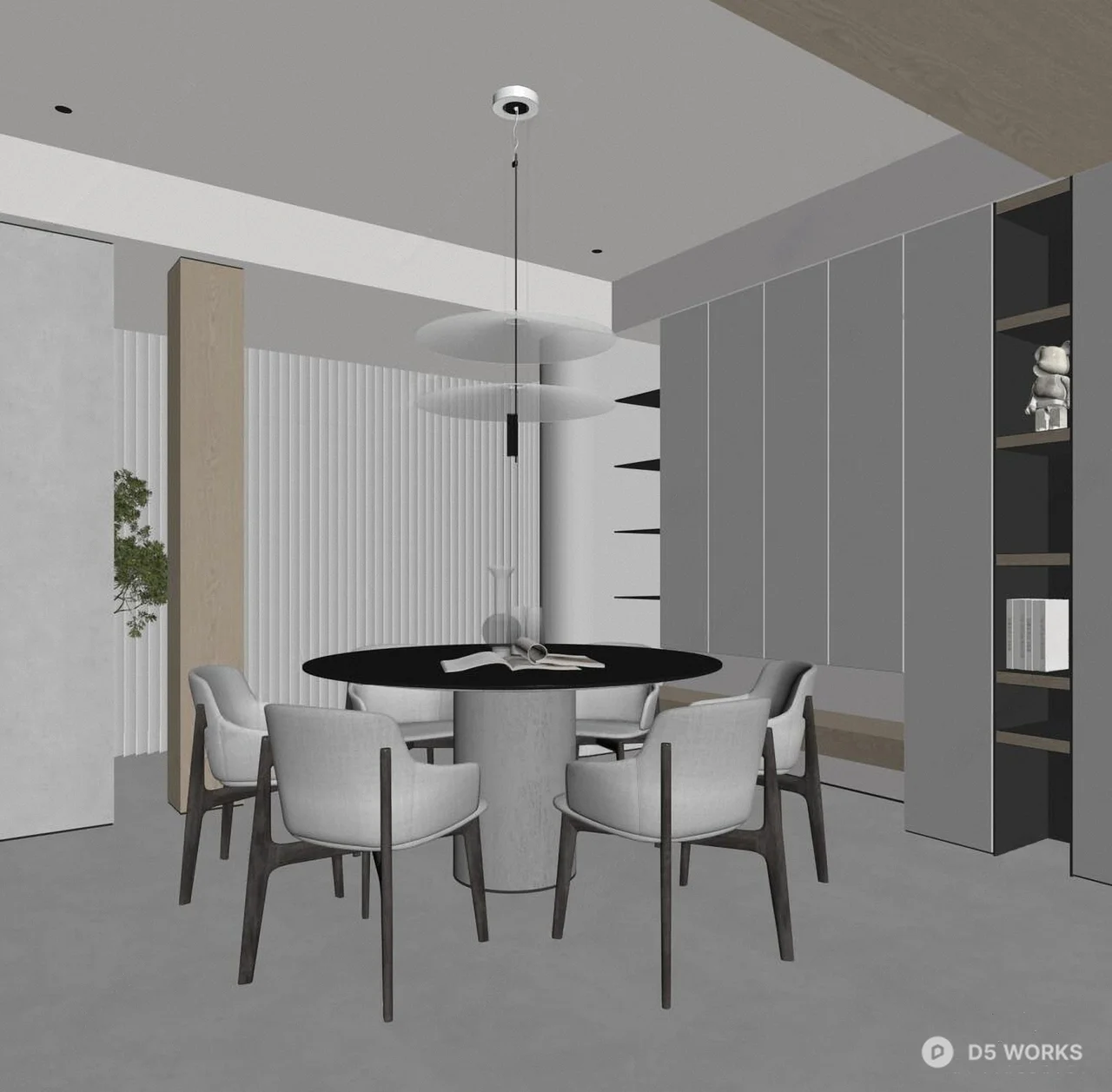 Minimalist Dining Room With Round Table And Integrated Storage 3d model thumbnail 2