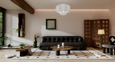 Modern Minimalist Living Room with Black Sofa and Geometric Rug 3d model