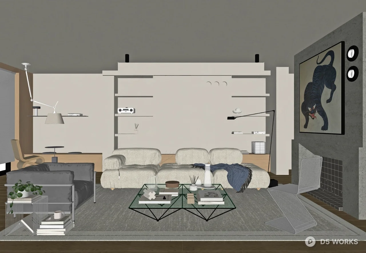 Minimalist Living Room with Fireplace and Art 3d model thumbnail 2