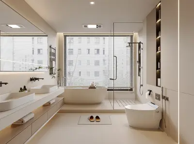 Minimalist Modern Bathroom With Soaking Tub And Dual Vanities 3d model