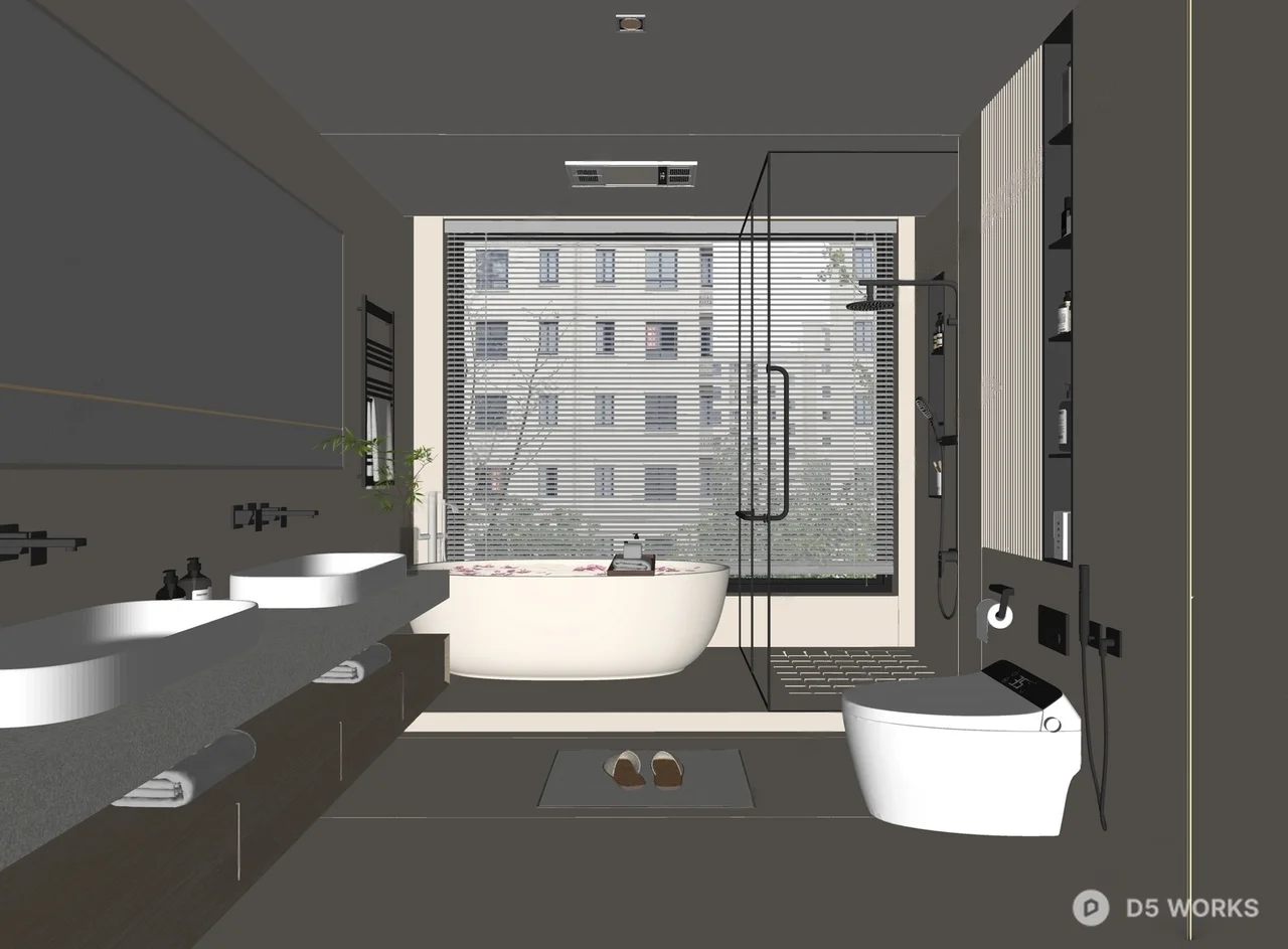 Minimalist Modern Bathroom With Soaking Tub And Dual Vanities 3d model thumbnail 2