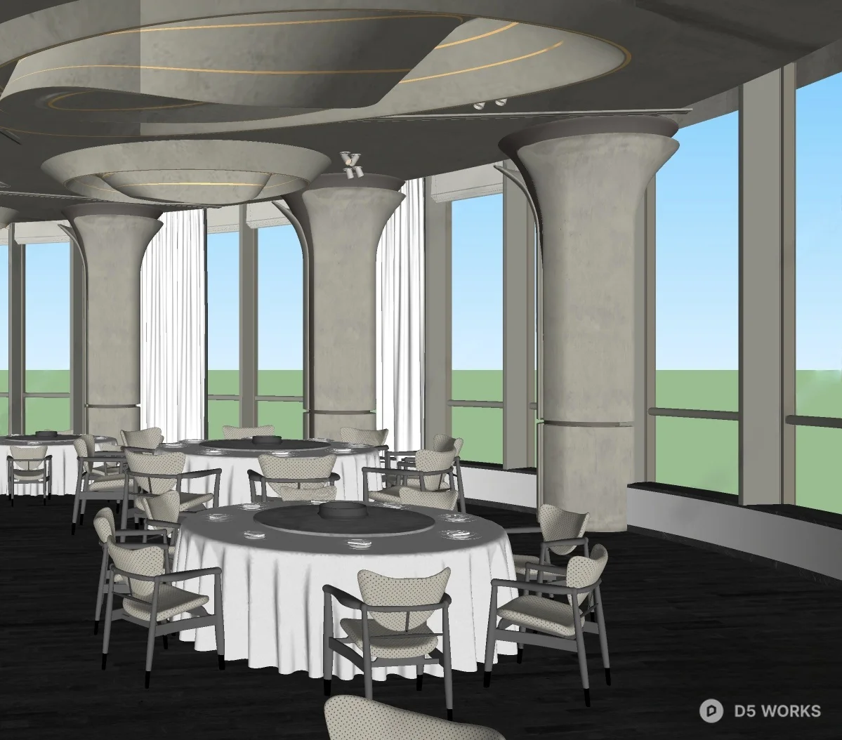 Modern Luxury Western Restaurant With Curved Ceiling Lights 3d model thumbnail 2