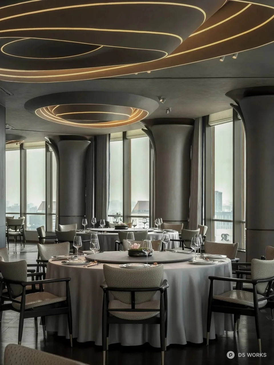 Modern Luxury Western Restaurant With Curved Ceiling Lights 3d model - Image 1