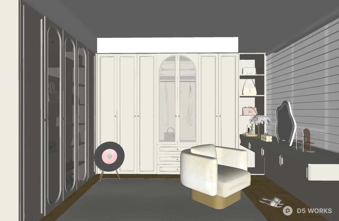 Elegant Classic Walk-In Closet With Arched Mirror And Built-In Vanity 3d model thumbnail 2
