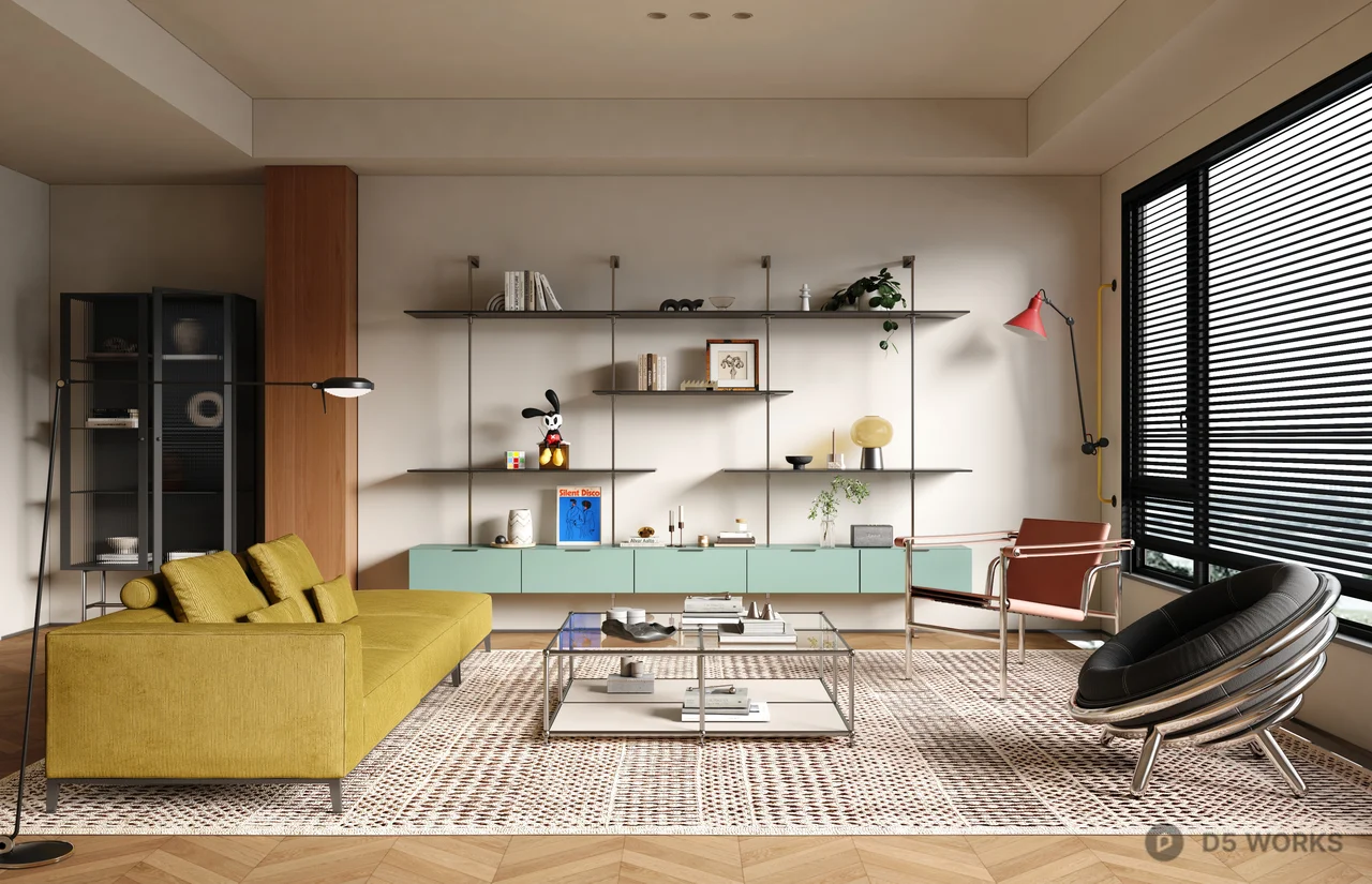 Minimalist Living Room with Yellow Sofa and Floating Shelves 3d model - Image 1