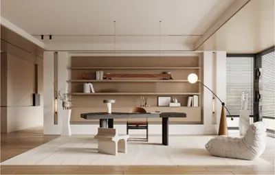 Minimalist Study Room With Integrated Shelving And Floor Lamp 3d model