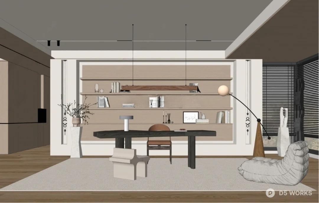 Minimalist Study Room With Integrated Shelving And Floor Lamp 3d model thumbnail 2
