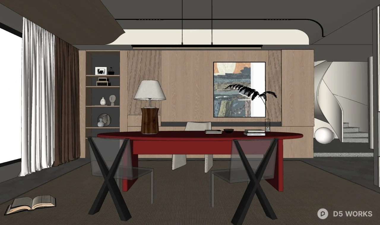 Minimalist Study Room With Red Desk And Wooden Cabinetry 3d model thumbnail 2