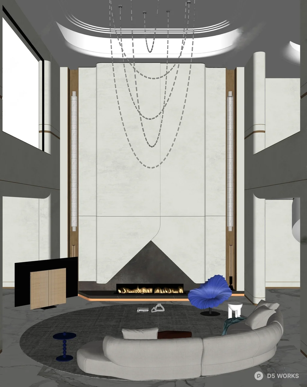 Modern Minimalist Villa Living Room With Sculptural Fireplace And Statement Chandelier 3d model thumbnail 3