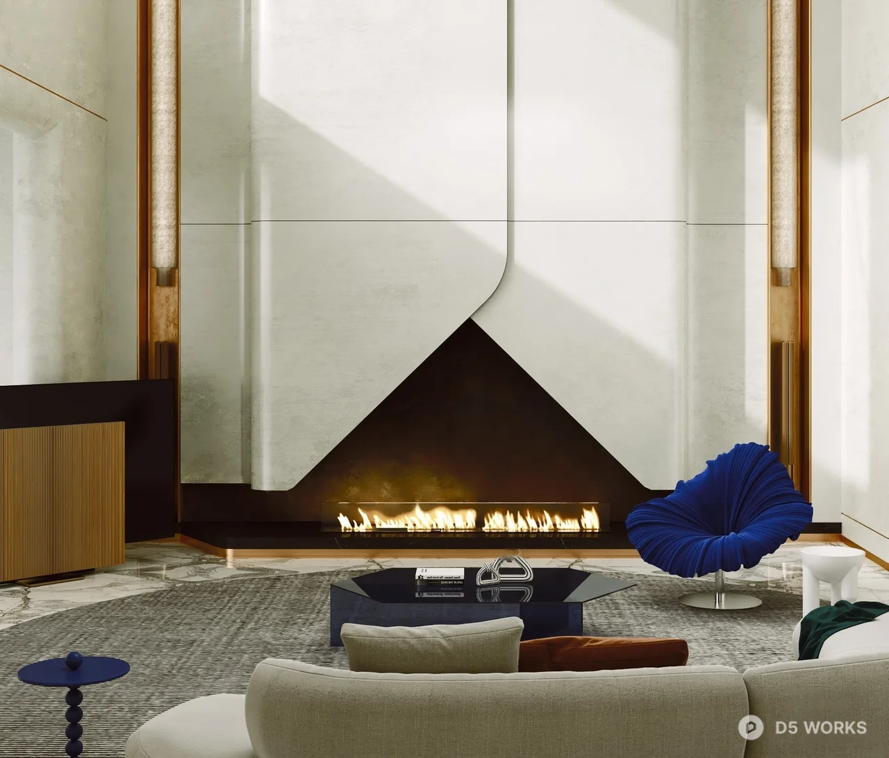 Modern Minimalist Villa Living Room With Sculptural Fireplace And Statement Chandelier 3d model thumbnail 2