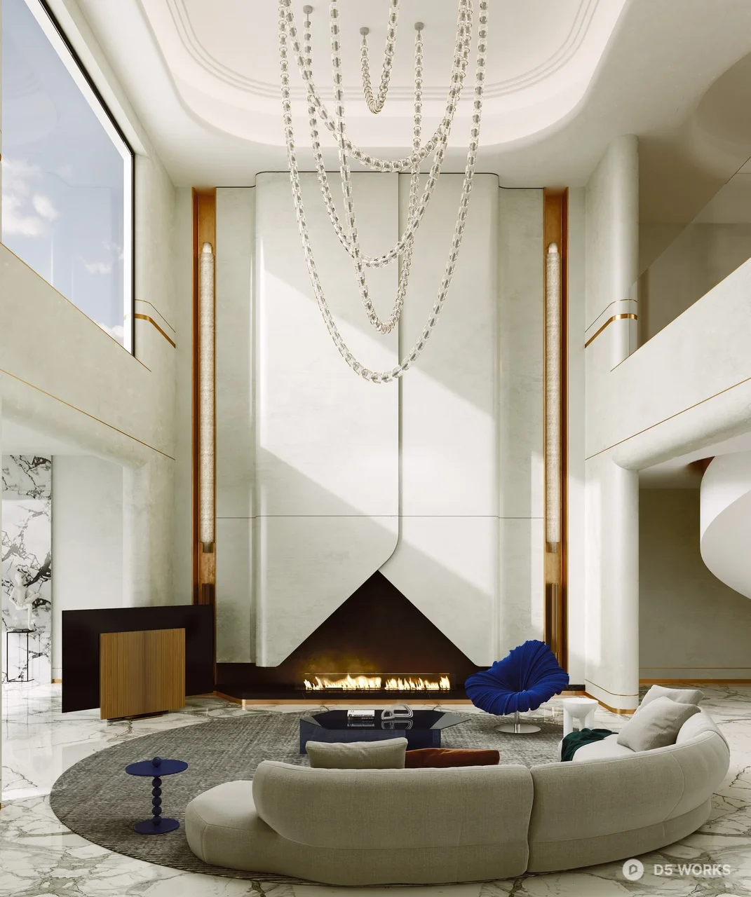 Modern Minimalist Villa Living Room With Sculptural Fireplace And Statement Chandelier 3d model - Image 1