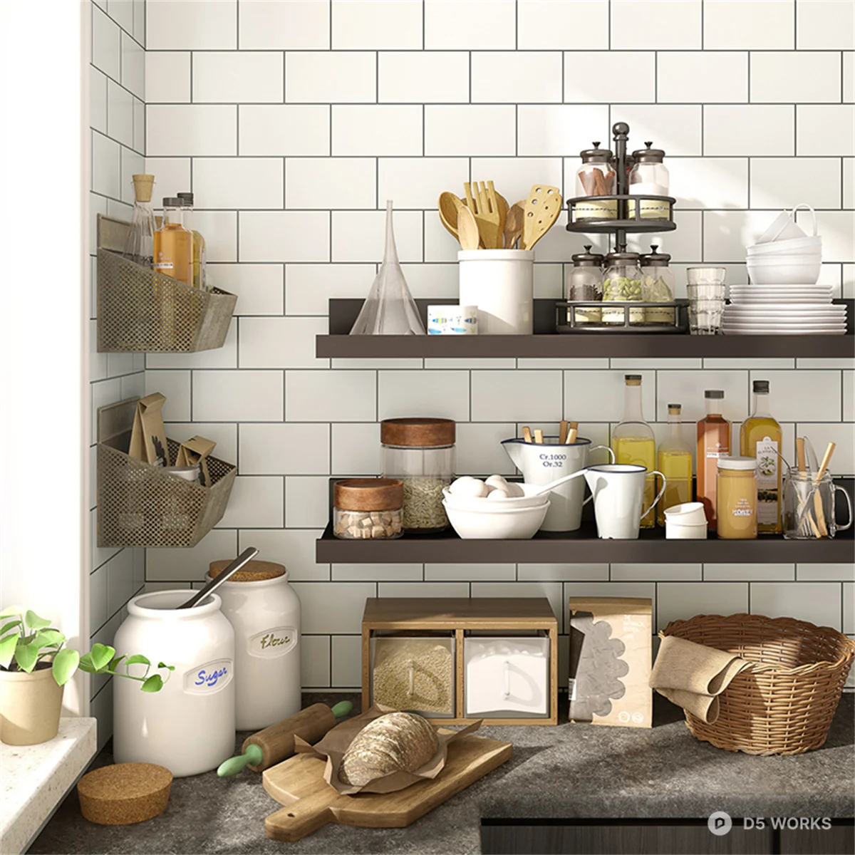 Minimalist Open Kitchen with Shelf Storage 3d model - Image 1