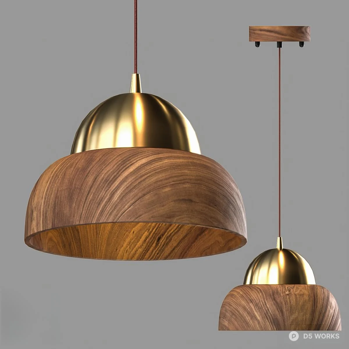 Wood And Brass Pendant Lamp 3d model - Image 1