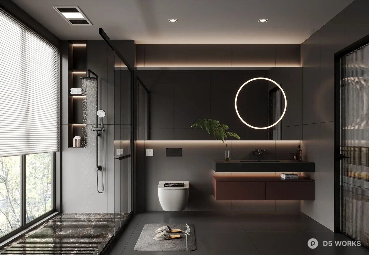 Minimalist Modern Bathroom With Floating Vanity And Circular Mirror 3d model - Image 1