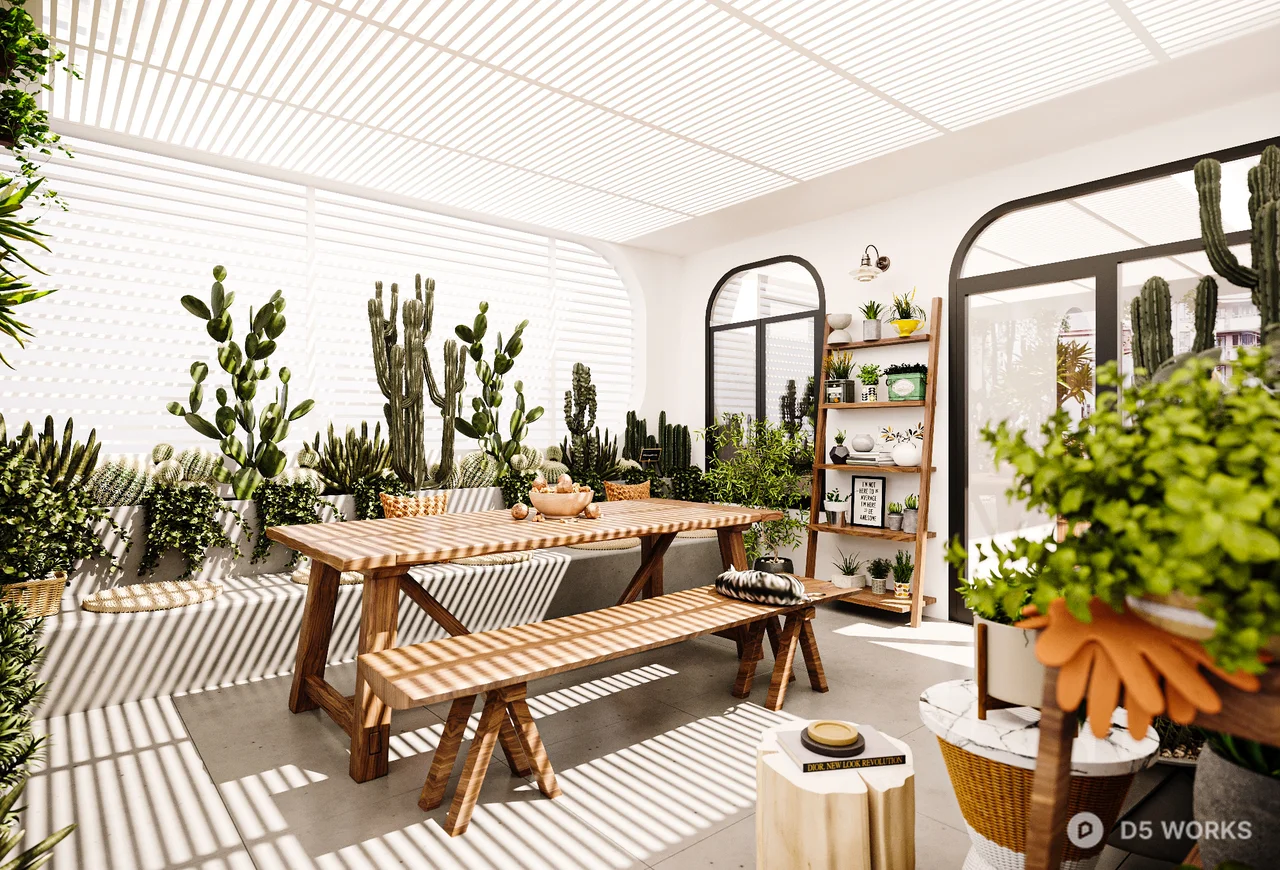 Minimalist Indoor Garden Balcony with Wooden Picnic Table 3d model thumbnail 3