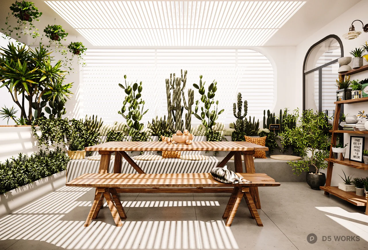Minimalist Indoor Garden Balcony with Wooden Picnic Table 3d model - Image 1