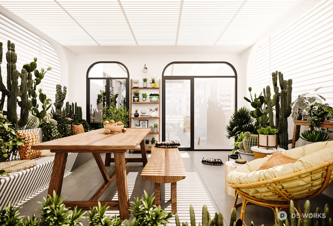 Minimalist Indoor Garden Balcony with Wooden Picnic Table 3d model thumbnail 4