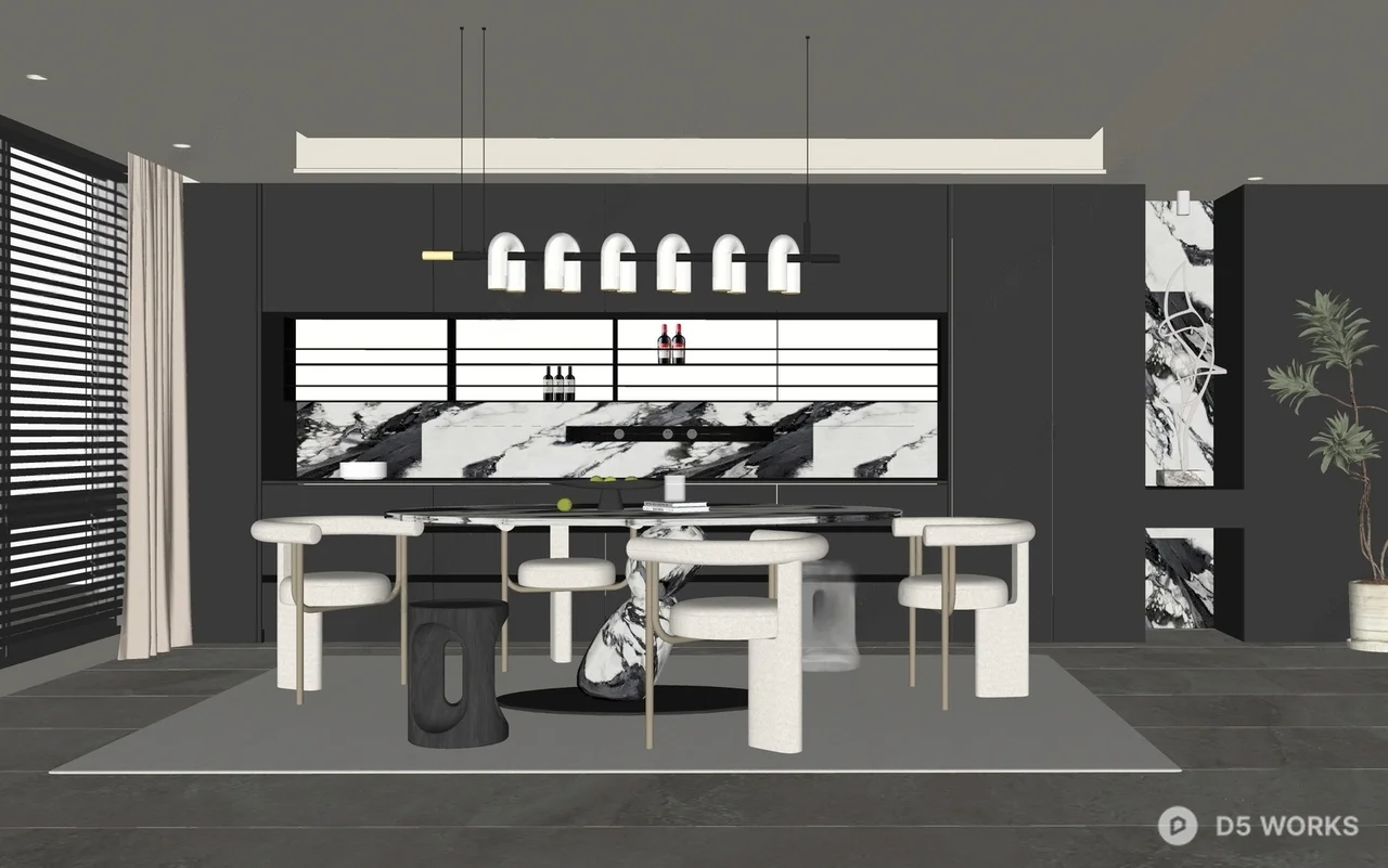 Modern Minimalist Dining Room with Marble Accent Wall 3d model thumbnail 2