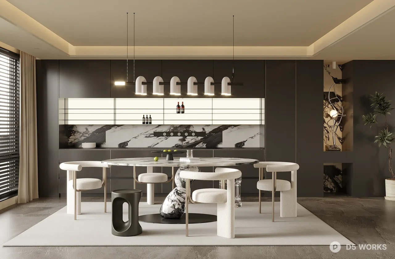 Modern Minimalist Dining Room with Marble Accent Wall 3d model - Image 1