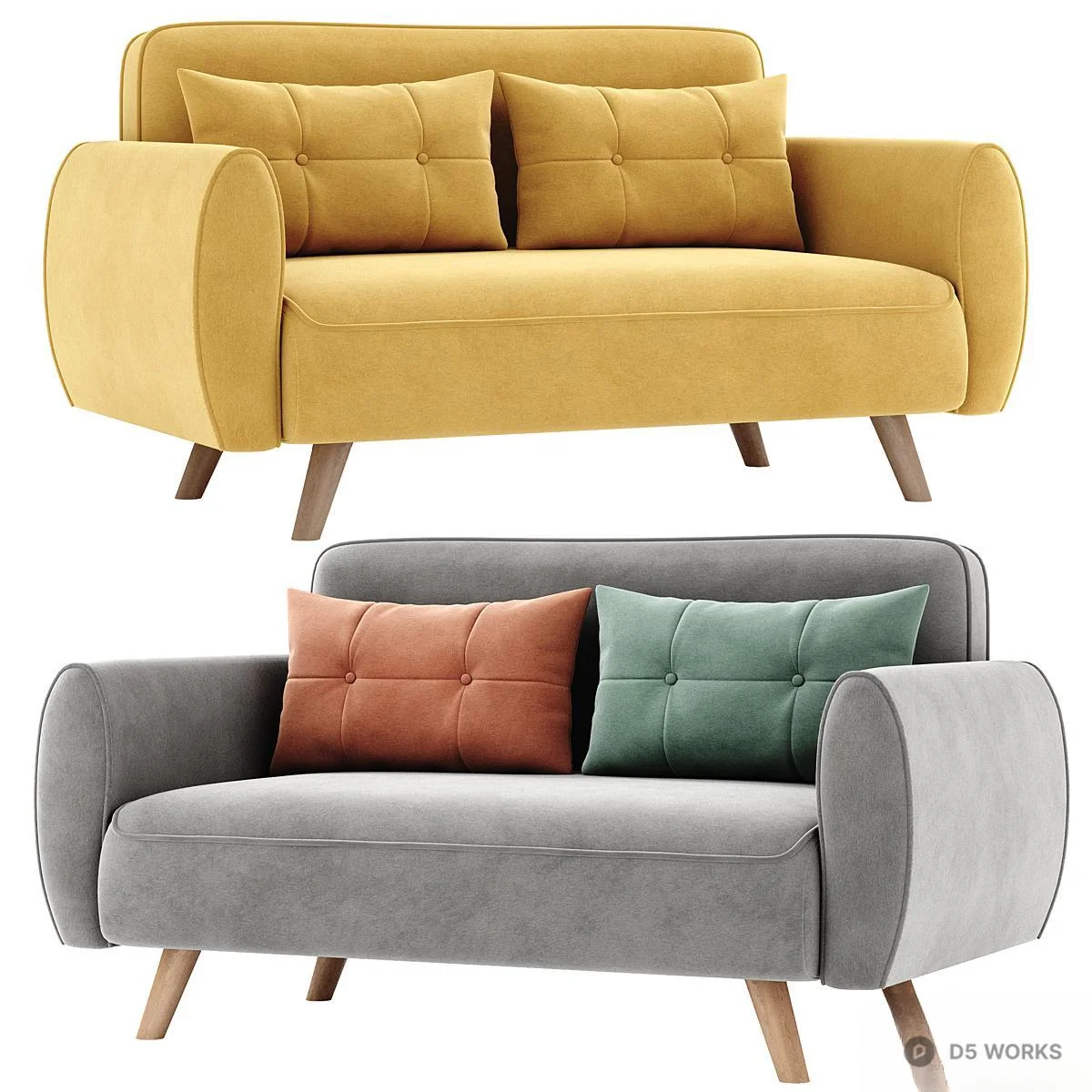 Mid-Century Modern Velvet Two-Seater Sofa 3d model - Image 1