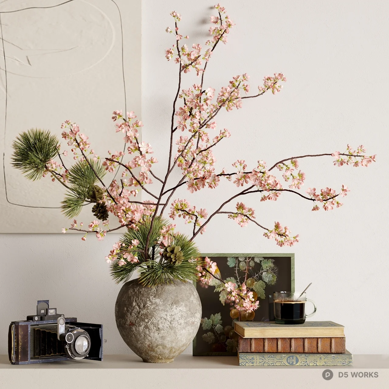 Cherry Blossom And Pine Branch Arrangement In Stone Vase 3d model - Image 1
