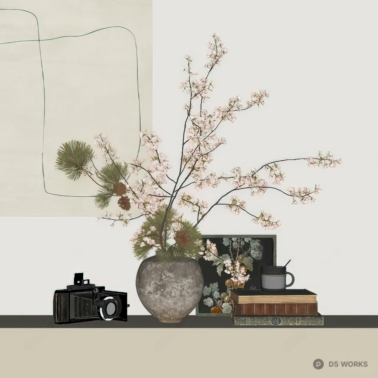 Cherry Blossom And Pine Branch Arrangement In Stone Vase 3d model thumbnail 2