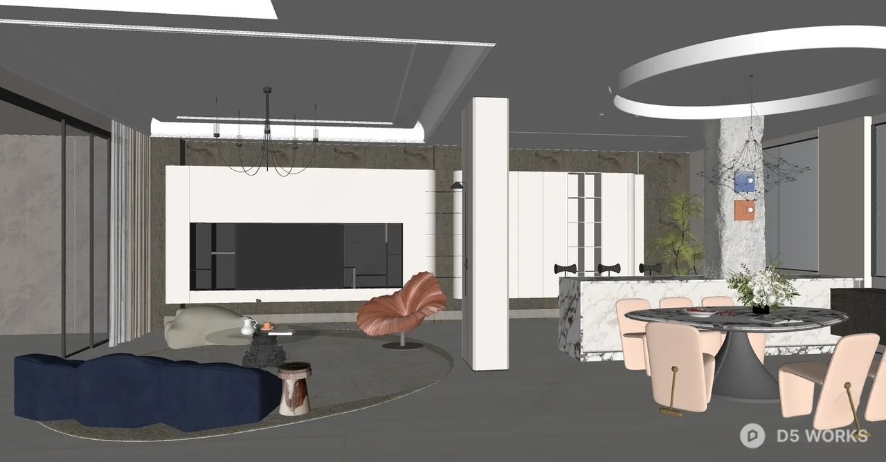 Modern Open Plan Living Dining Space 3d model thumbnail 2