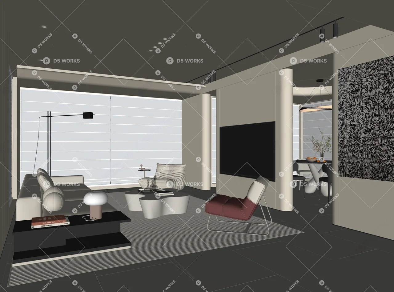 Modern Living & Dining Room 3d model thumbnail 2
