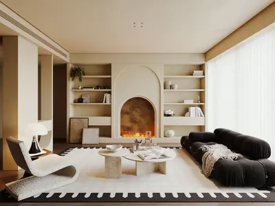 Minimalist Living Room with Arched Fireplace 3d model