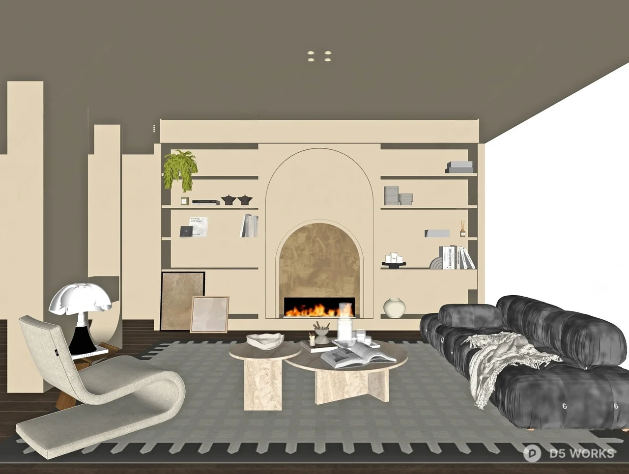 Minimalist Living Room with Arched Fireplace 3d model thumbnail 2