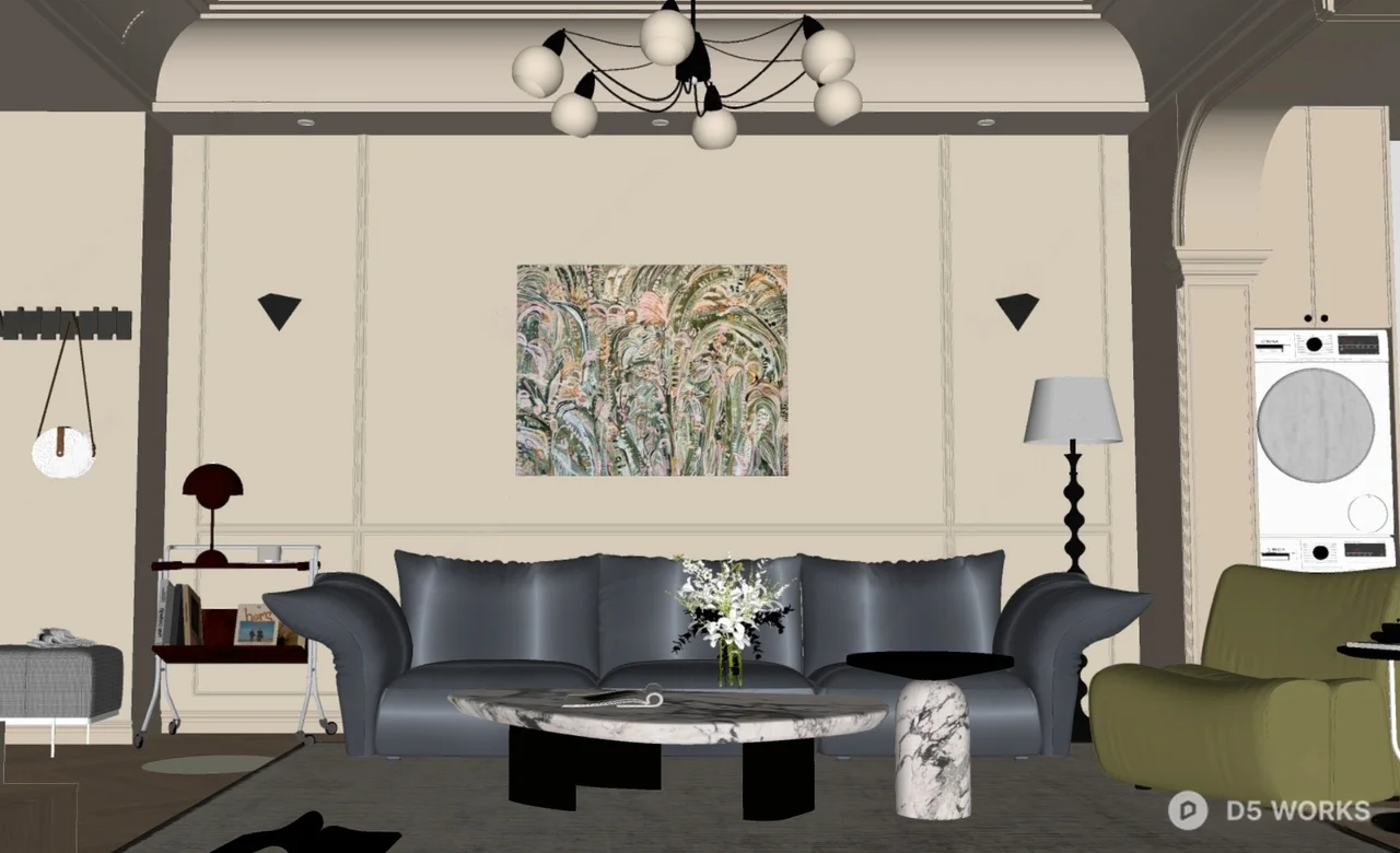 Classic Elegance Living Room With Artistic Wall Decor 3d model thumbnail 2
