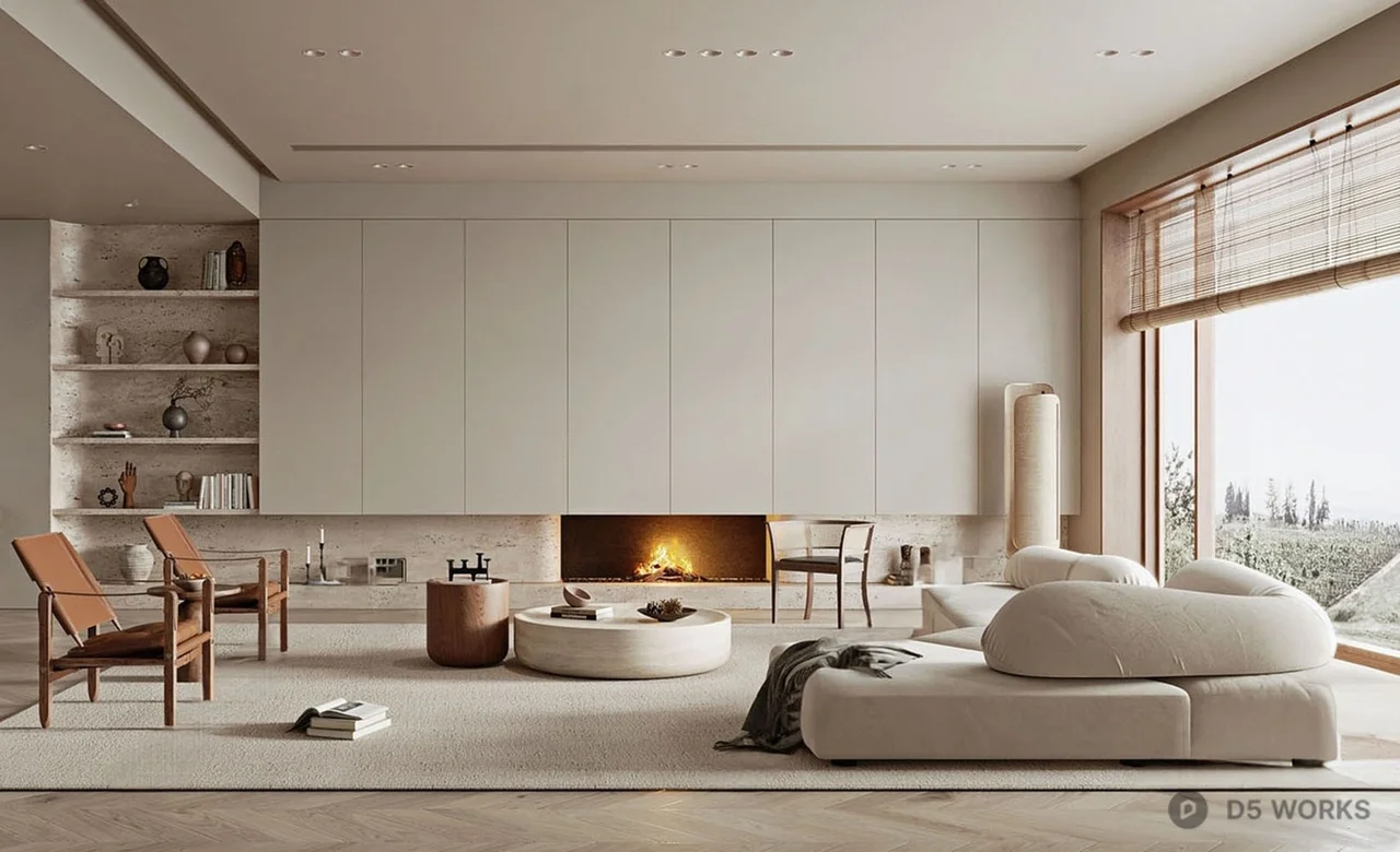 Minimalist Living Room with Fireplace and Modular Sofa 3d model - Image 1