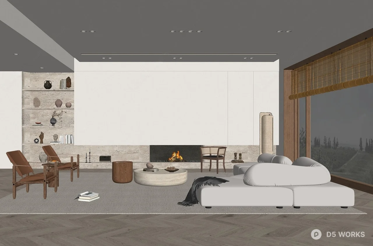 Minimalist Living Room with Fireplace and Modular Sofa 3d model thumbnail 2