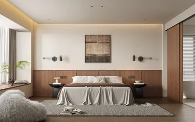 Minimalist Modern Bedroom with Wooden Panel Accent 3d model