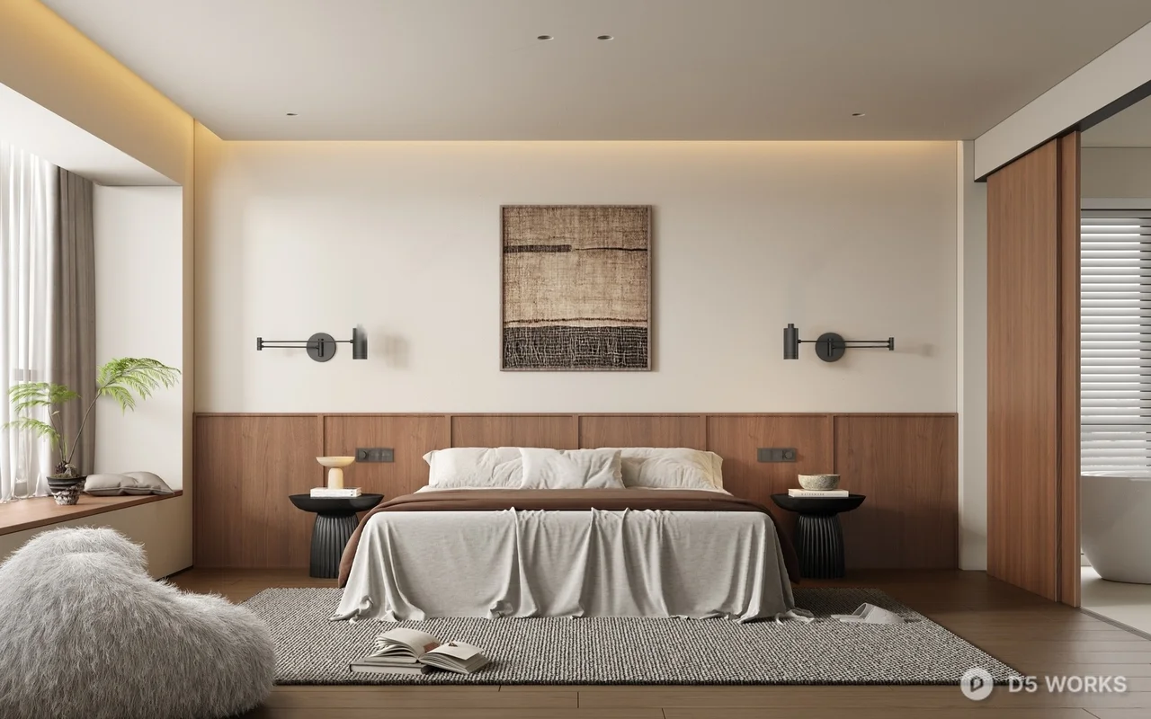 Minimalist Modern Bedroom with Wooden Panel Accent 3d model - Image 1
