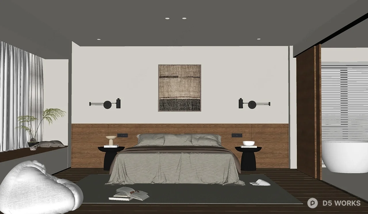Minimalist Modern Bedroom with Wooden Panel Accent 3d model thumbnail 2