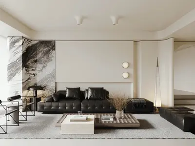 Minimalist Living Room With Marble Accent Wall 3d model