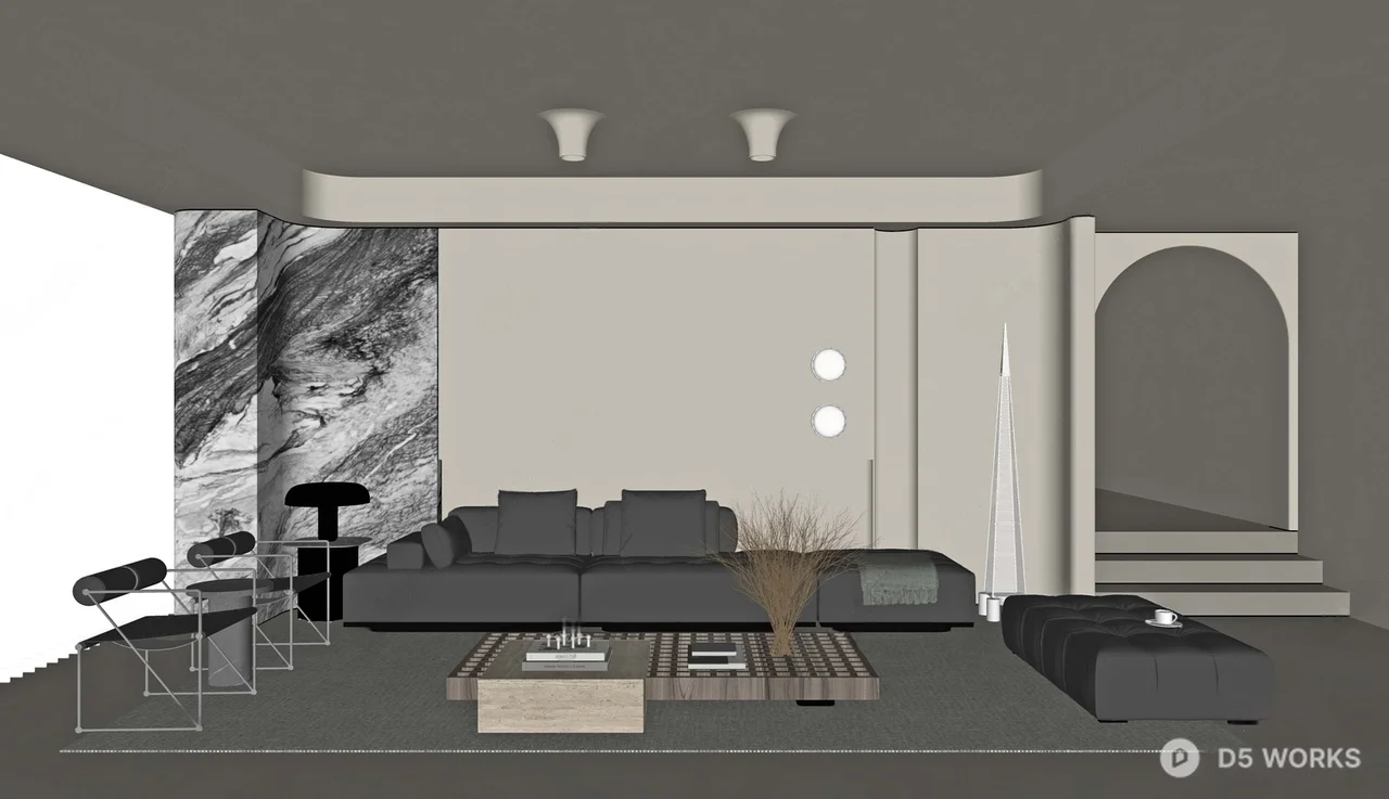 Minimalist Living Room With Marble Accent Wall 3d model thumbnail 2