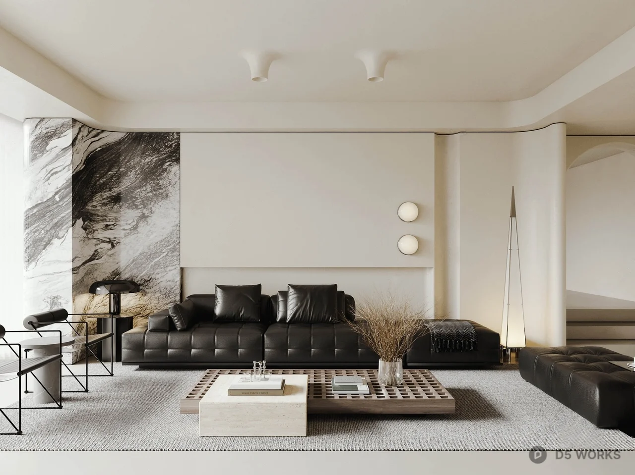 Minimalist Living Room With Marble Accent Wall 3d model - Image 1