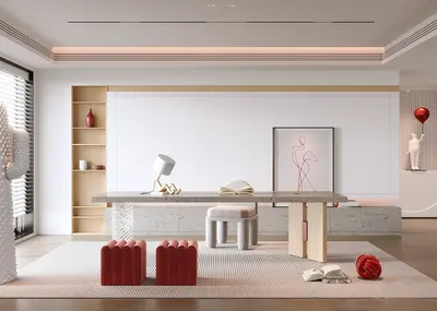 Minimalist Study Room With Integrated Desk And Storage 3d model