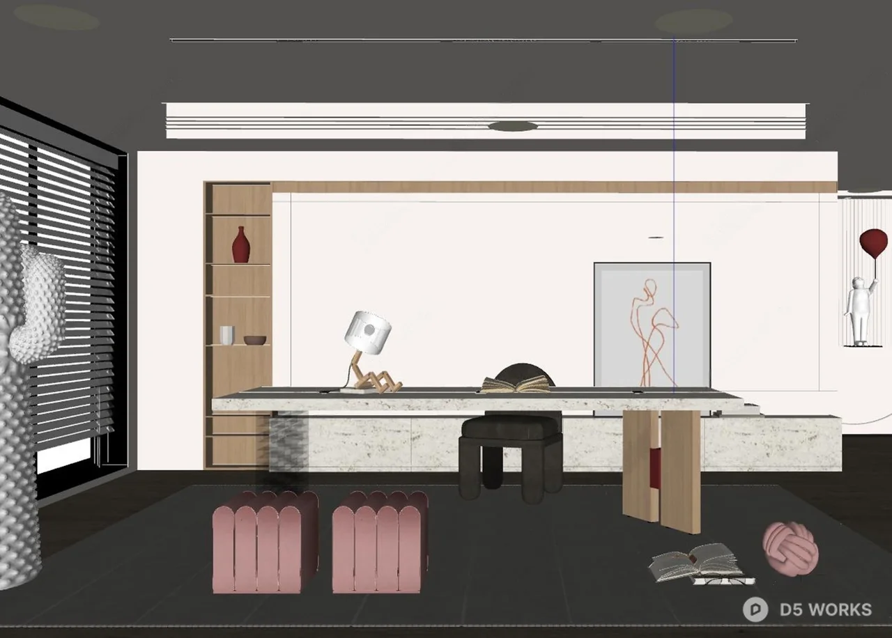 Minimalist Study Room With Integrated Desk And Storage 3d model thumbnail 2