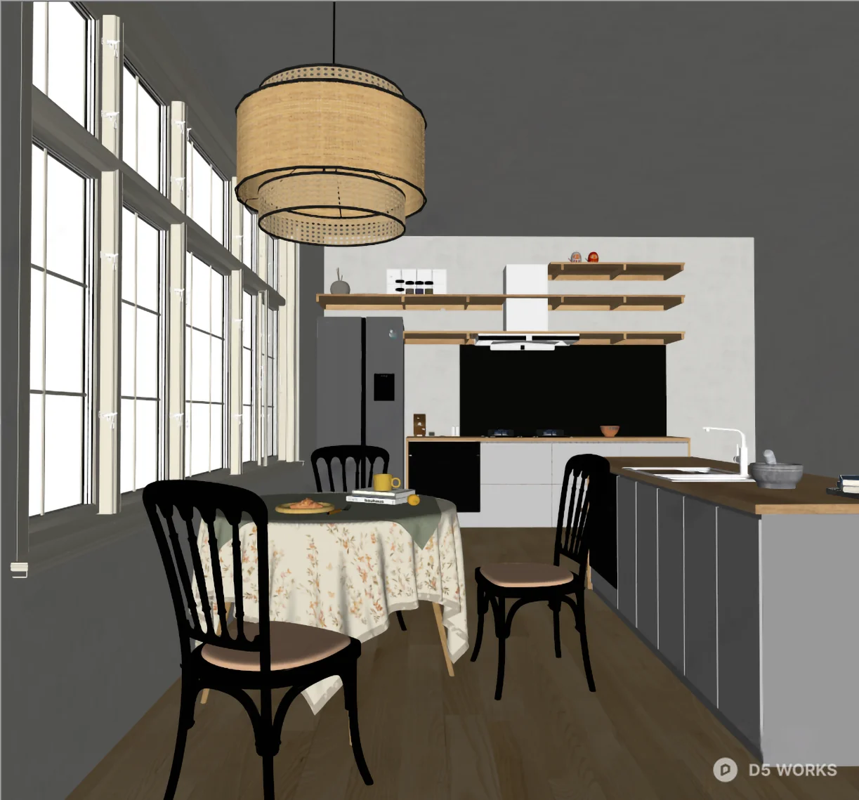 Modern Open Kitchen With Woven Pendant Light 3d model thumbnail 2