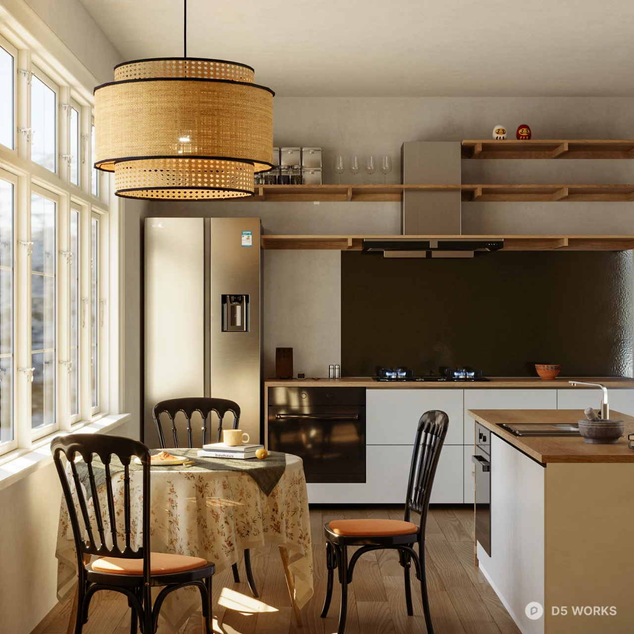 Modern Open Kitchen With Woven Pendant Light 3d model - Image 1