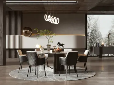 Modern Minimalist Dining Room With Circular Rug And Sculptural Pendant Light 3d model