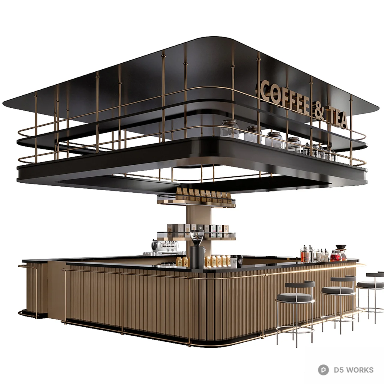 Modern Bar Counter With Stools 3d model thumbnail 2