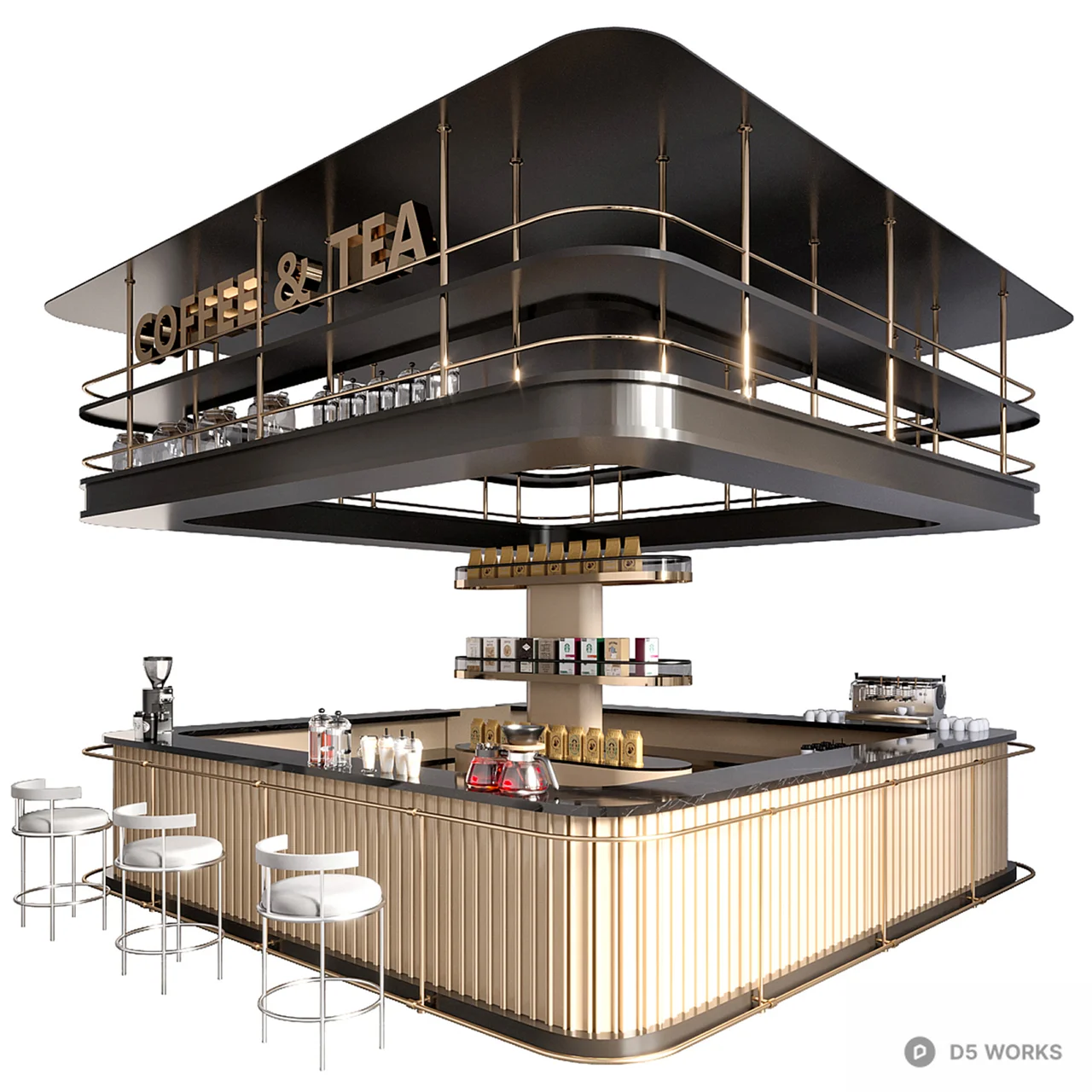 Modern Bar Counter With Stools 3d model thumbnail 3