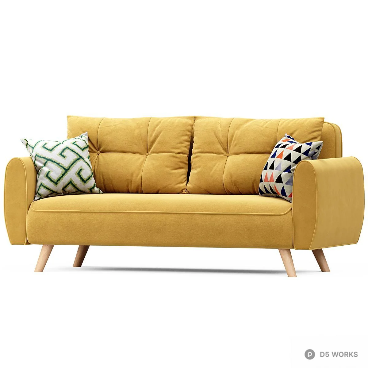 Mid-Century Modern Yellow Fabric Three-Seater Sofa 3d model - Image 1