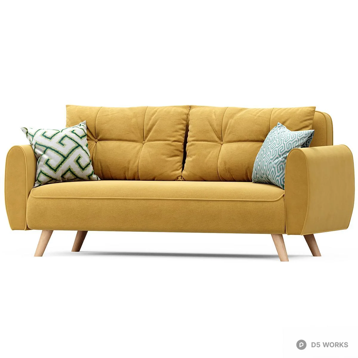 Mid-Century Modern Yellow Fabric Three-Seater Sofa 3d model thumbnail 2