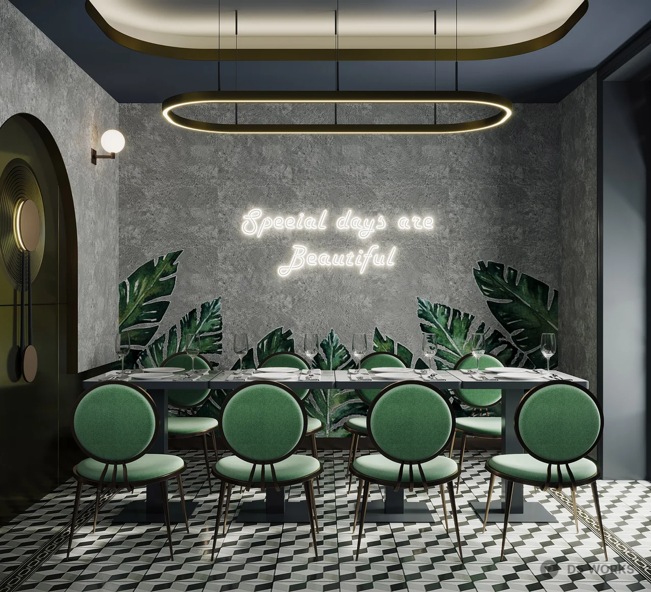 Modern Minimalist Western Restaurant With Neon Sign And Tropical Foliage 3d model - Image 1