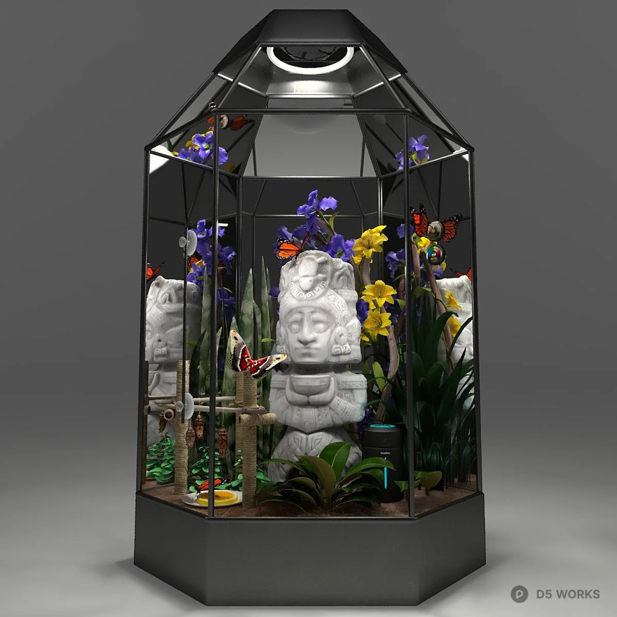 Geometric Glass Enclosure With Sculpture And Floral Arrangement 3d model - Image 1